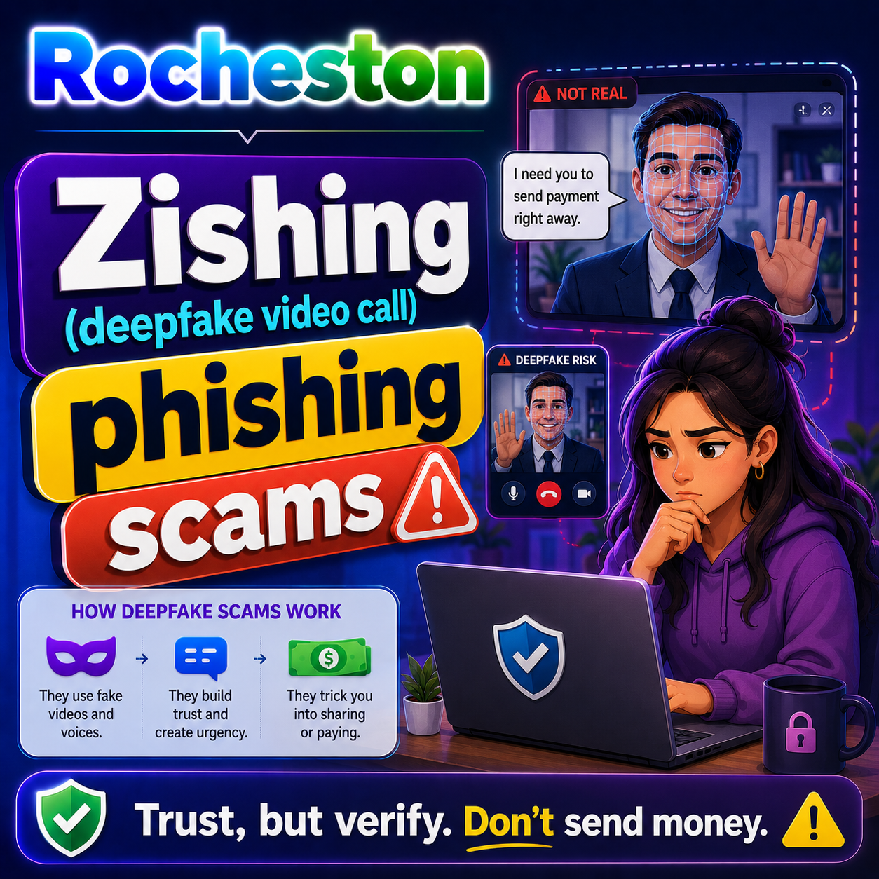 ZelSafe awareness card about zishing deepfake video call phishing scams